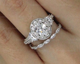 Vintage Art Deco Halo Bridal Ring Set / Oval Cut Half Moon Cut Ring Set / Lab Created Ring Set / Art Deco Band Bridal Ring Set (3950-2R)