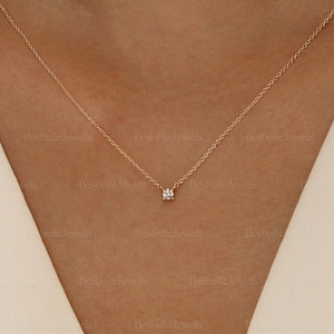 Minimalist 4 Prong Necklace / White Silver / Vermeil Gold / 14K Solid Gold Options ( White GD or Yellow GD) / Lab Created Diamond CZ / 3004