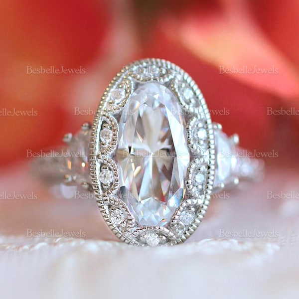 Vintage Art Deco Oval Halo Engagement Ring / Fancy Oval Cut Half Moon Cut Ring / Lab Created Ring / Art Deco Style Wedding Ring (8819R)