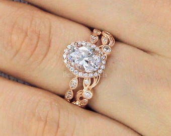 Rose Gold Oval Art Deco Bridal Set, 18k Rose Gold Plated Halo Engagement Ring, Unique Vine Band Wedding Ring Set, Romantic Jewelry 5953-2LR