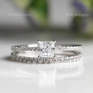 Sterling Silver Princess Cut CZ Engagement Ring Set: Pavé Eternity Band