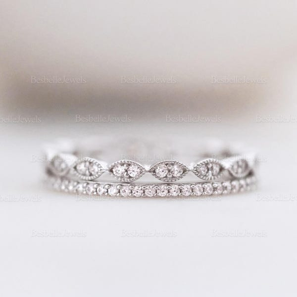 Delicate Double Band Stack Set - Dainty Art Deco Eternity Ring Set - Minimalist Stackable Ring Set - Wedding Band Ring Set (6053E-2PR)