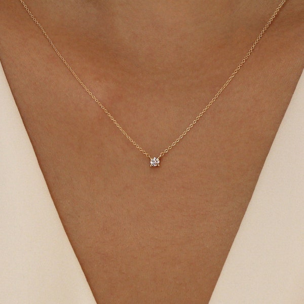 Minimalist Diamond Necklace - 14K Solid Gold - 4 Prong 2.5 to 5.0mm Brilliant Cut CZ Diamond - Bridesmaid Gift - Dainty Necklace [BN3004]