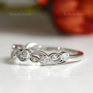 Leaf & Vine Art Deco Wedding Ring - Vintage Nature Ring - Half Eternity Ring - Marquise Dot Ring - Unique Vintage Wedding Band [BR2252]