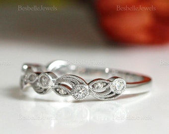 Blatt & Rebe Art Deco Ehering - Vintage Naturring - Halb Eternity Ring - Marquise Dot Ring - Einzigartiger Vintage Ehering [BR2252]