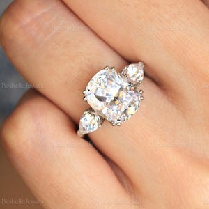 Birdie Three Stone Engagement Ring - Radiant Cut Ring - Center Vintage Radiant Cut Anniversary Ring - Unique Gift for Her (3714R)