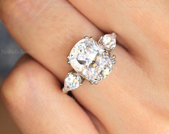 Birdie Three Stone Engagement Ring - Radiant Cut Ring - Center Vintage Radiant Cut Anniversary Ring - Unique Gift for Her (3714R)