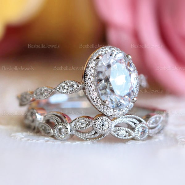 Vintage Oval Art Deco Bridal Ring Set / Oval Halo Engagement Ring / Superior Lab-Created Ring / Vine Band Wedding Ring Set (5953-2LR)