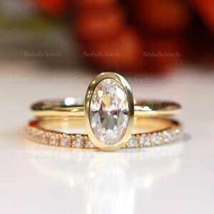 Oval Bezel Bridal Ring Set / Oval Cut Solitaire Ring w/ Pave Wedding Band / Lab Created CZ Diamond / Dainty Bezel Ring Set / 8454-2P