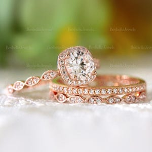 Round Halo Bridal Ring Set / Vintage Art Deco Wedding Ring Set / Dainty Superior Lab-Created CZ Diamond / 3PC Stacking Ring Set / 5553-3MX