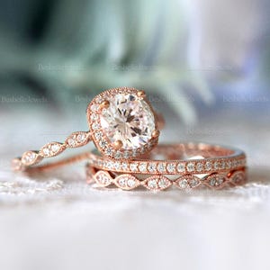 Round Halo Bridal Ring Set / Vintage Art Deco Wedding Ring Set / Dainty Superior Lab-Created CZ Diamond / 3PC Stacking Ring Set / 6053-3MX