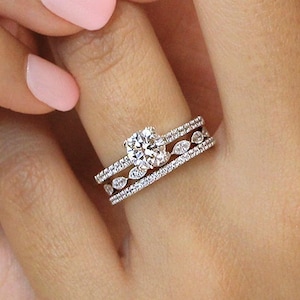 Minimalist Ring Bundle - Dainty Stackable Rings - Minimal Bridal Set - Engagement Wedding Ring Gift Set for Her, Matching Ring [BR8551-3PX]