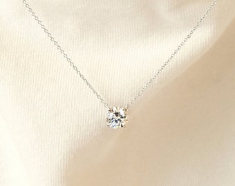 Lady Round Diamond Necklace - 4 Prong Diamond Solitaire Necklace - Dainty Everyday Silver Necklace - Valentine's Gift for Her [BN3904]