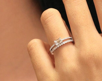 Minimalist Emerald Engagement Ring Set - Eternity Ring Wedding Bridal Set - Dainty Stackable Ring Set - Jewelry Gift Set [BR1754-2]