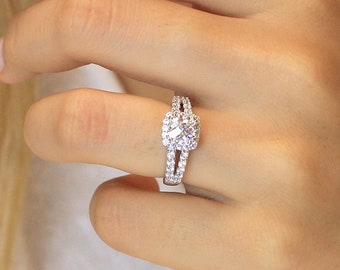 Unique Detail Cushion Cut Diamond Engagement Ring - CZ Diamond Ring Split Shank Engagement Ring - Anniversary Gift for Her [BR3451]