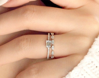 Emerald Cut Engagement Ring Set - Minimalist Bridal Jewelry Set - Emerald Matching Jewelry Set - Dainty Wedding Ring Set [BR1754-2A]