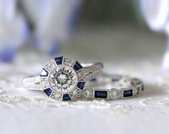 Blue CZ Diamond Art Deco Halo Bridal Set - Brilliant & Baguette Cut Diamond Ring Set - Vintage Blue Color CZ Ring Set [BR6853-2]