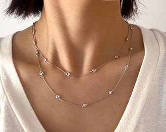 16in-54in Diamond By the Yard Station Necklace - Bezel Set Diamond Link Necklace - Dainty Bezel Diamond Silver Necklace [BN1111]
