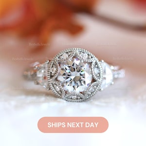 Vintage Art Deco Round Engagement Ring / Round Brilliant Cut Half Moon Cut Ring / Lab Created CZ Ring / Art Deco Style Wedding Ring / 7119