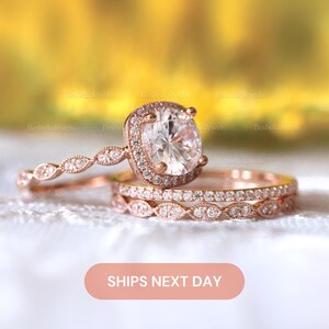 Round Halo Bridal Ring Set / Vintage Art Deco Wedding Ring Set / Dainty Superior Lab-Created CZ Diamond / 3PC Stacking Ring Set / 6053-3PX