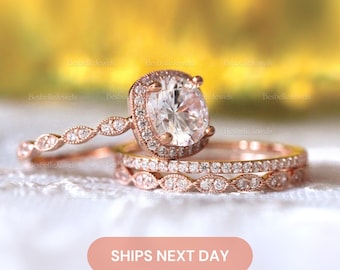 Round Halo Bridal Ring Set / Vintage Art Deco Wedding Ring Set / Dainty Superior Lab-Created CZ Diamond / 3PC Stacking Ring Set / 6053-3PX