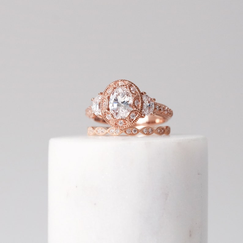 2.67 cttw Art Deco Bridal Set Oval Cut Diamond Simulant Vintage Art Deco Engagement Ring w/ All or Half Eternity Band Ring BR3950-2 image 7