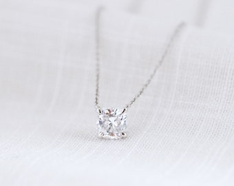 Lady Cushion Cut Diamond Necklace - 4 Prong Solitaire Necklace - Minimalist Everyday Necklace - Holiday Gift for Her [BN4004]