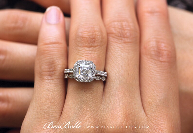 61926-2A 2.88 cttw Asscher Cut Main Stone Halo Engagement Ring w Art Deco All or Half Eternity band-Bridal Set Ring