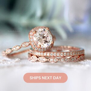 Round Halo Bridal Ring Set / Vintage Art Deco Wedding Ring Set / Dainty Superior Lab-Created CZ Diamond / 3PC Stacking Ring Set / 6053-3MX