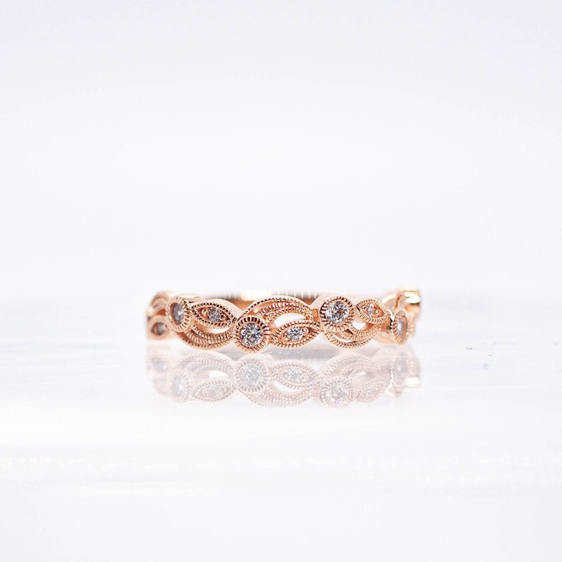 Leaf & Vine Art Deco Wedding Ring Vintage Nature Ring Half Eternity Ring Marquise Dot Ring Unique Vintage Wedding Band BR2252 ROSE GOLD