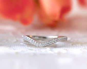 Milgrain Curved Pave Diamond Wedding Ring - Stackable Ring - Minimalist Curve Ring - Simulated Diamond Wedding Band - Gift for Her [BR5154]