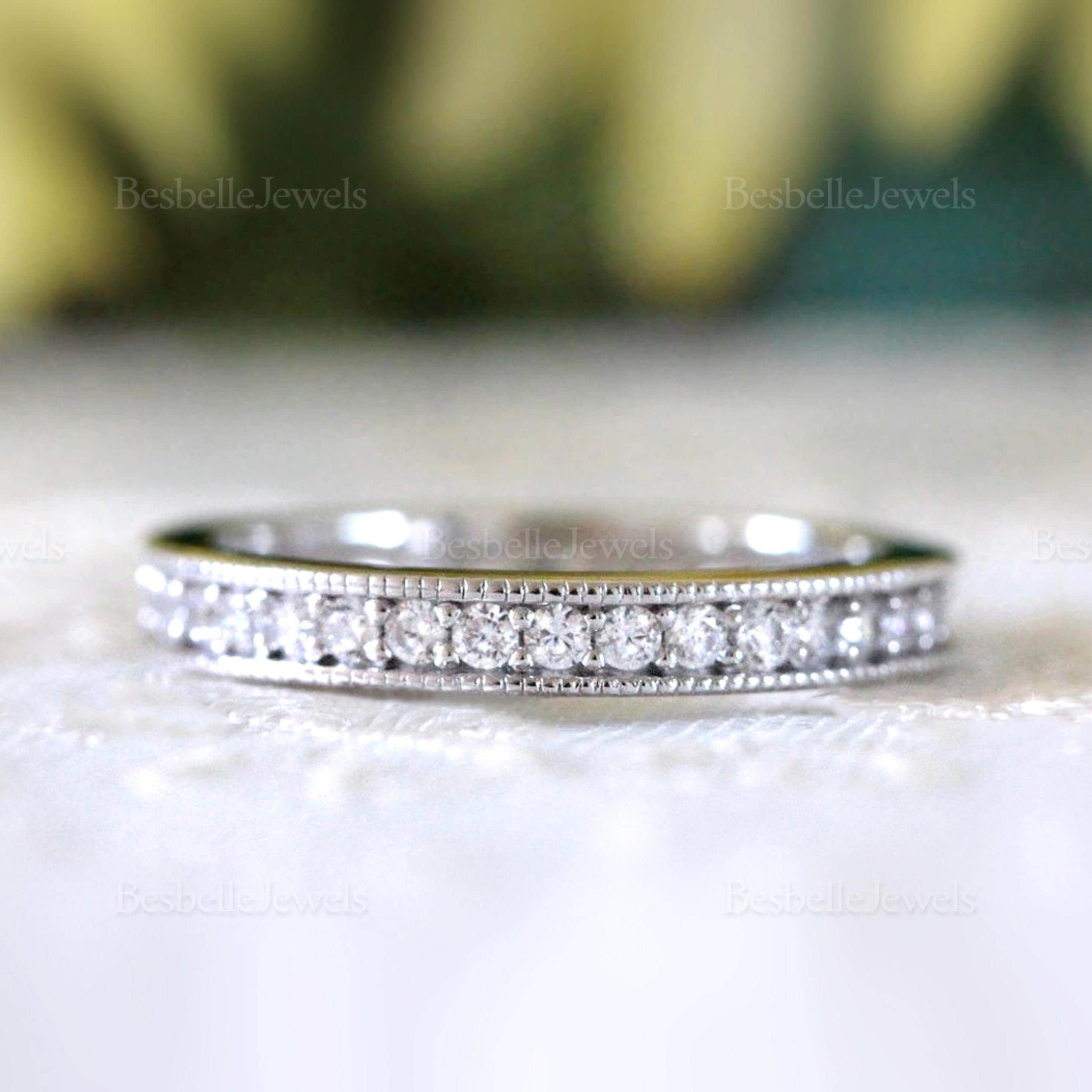 Stapelbarer Milgrain Pave Set Eternity Ring - Runder Brilliant geschnittener Ehering - Minimalistischer Eternity Bandring - Geschenke für Sie [BR9918]