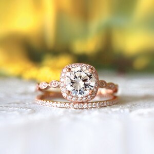 Round Diamond Art Deco Bridal Ring Set - Double Engagement Ring Set - Rose Gold Bridal Jewelry Set - Diamond Wedding Ring [BR6053-2P]