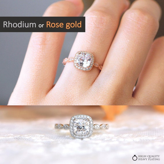 2 08 Cttw Art Deco Ring Halo Engagement Ring Cushion Cut Etsy