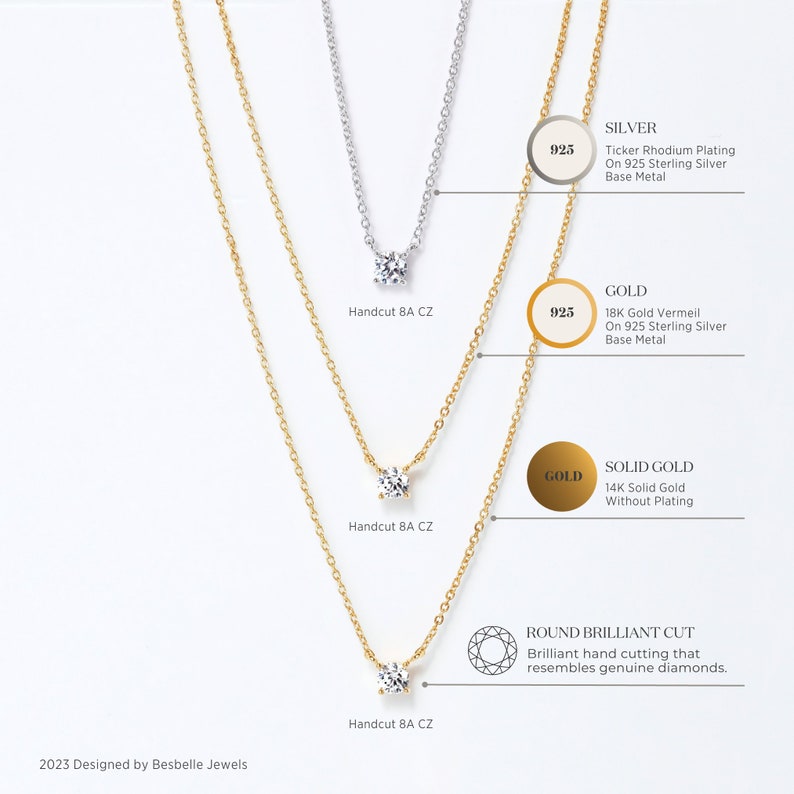 Minimalist 4 Prong Necklace, Vermeil Gold/Silver/14K Solid Gold Options, Brilliant Cut CZ Diamond Bridesmaid Gift Dainty Necklace BN3004 image 3