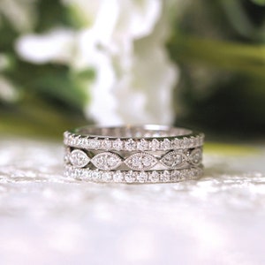 Mixed Eternity Ring Set - Art Deco Stackable Ring Set - Brilliant Cut & Pave Set Diamond Ring Stack - Bridal Wedding Ring Set [BR2954-3]