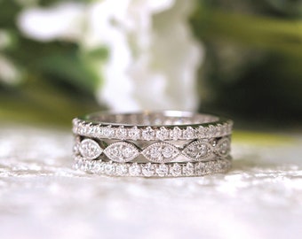 Mixed Eternity Ring Set - Art Deco Stackable Ring Set - Brilliant Cut & Pave Set Diamond Ring Stack - Bridal Wedding Ring Set [BR2954-3]