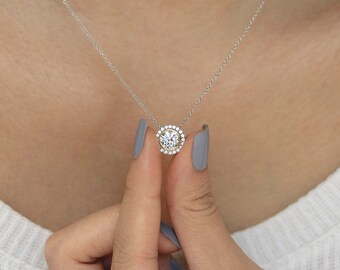 Two Tone Halo Diamond Pendant Necklace - Bridesmaid Gifts - Two Tone Necklace - Gift for Her [BP6706]