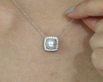 White Pearl Square Halo Pendant Necklace - Pearl & Pave Diamond Necklace - Wedding Necklace - Gift for Her - Anniversary Gift [BN5454]