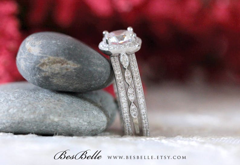 65360-3M 2.95 cttw Milgrain Art Deco Bridal Set-Brilliant Cut Halo Engagement Ring w Two All Half Eternity Bands