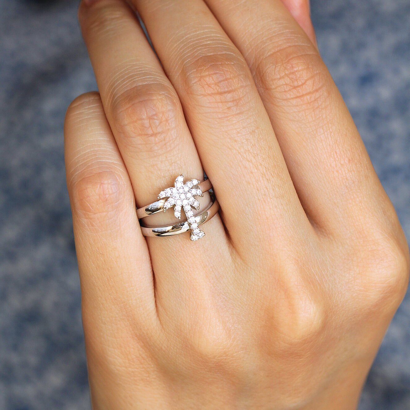 Palm Tree Promise Ring Pave Set Diamond Ring Promise CZ Diamond