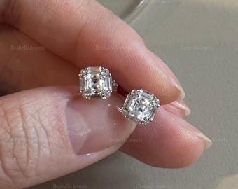 Pendientes de botón de corte Asscher: joyería nupcial de plata de ley con corte baguette y brillantes creados en laboratorio (9164E)