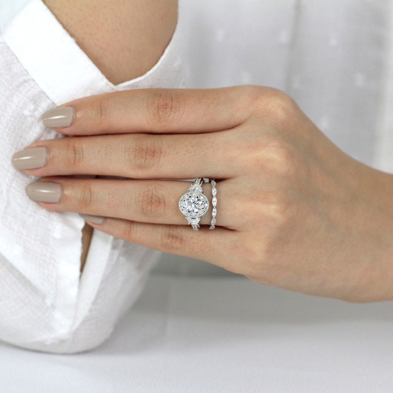 2.67 cttw Art Deco Bridal Set Oval Cut Diamond Simulant Vintage Art Deco Engagement Ring w/ All or Half Eternity Band Ring BR3950-2 image 5
