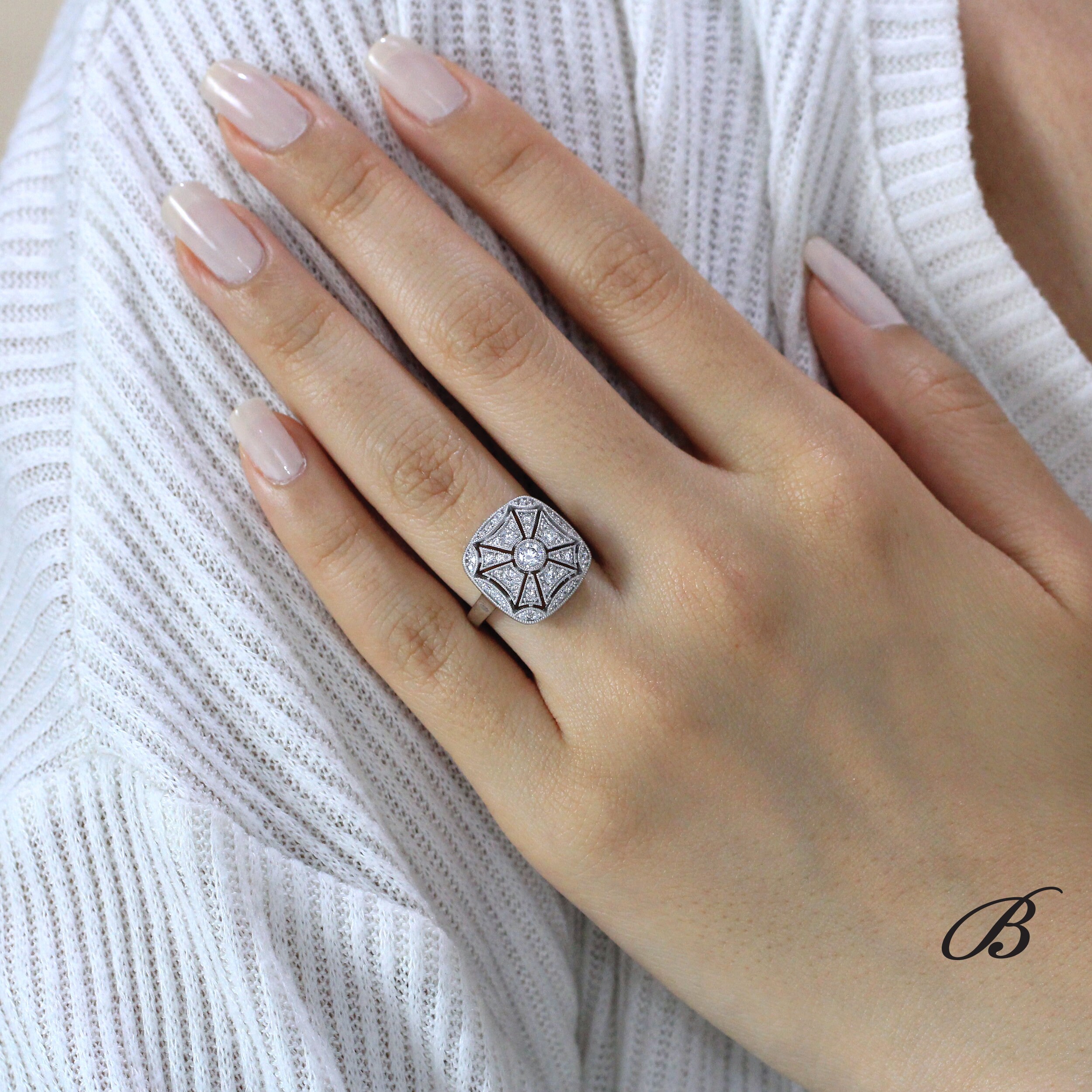 0.57 cttw Vintage Milgrain Art Deco Engagement Ring Brilliant Cut Dia…