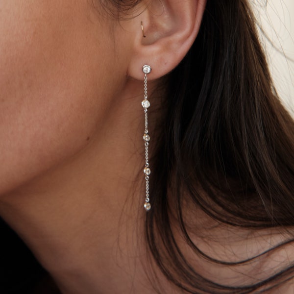 Diamond By Yard Drop Chain Earrings - Bezel Diamond Drop Earrings - Bridal Earrings - Bridesmaid Earrings - Valentine Gifts [BE7208]
