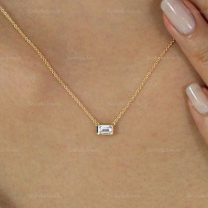 Minimal Emerald Bezel Necklace - Solitaire Dainty Necklace - 5x3mm Emerald Cut Cz Diamond - Gift for Her - Bridesmaid Gifts [BN3304]