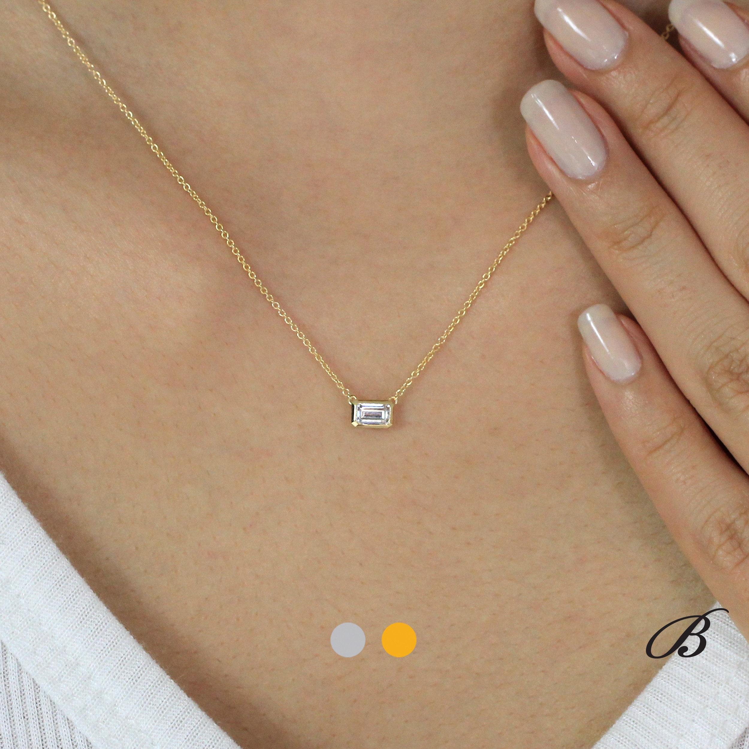 0.29 cttw Minimal Emerald Diamond Bezel Necklace Solitaire Chain Neck…