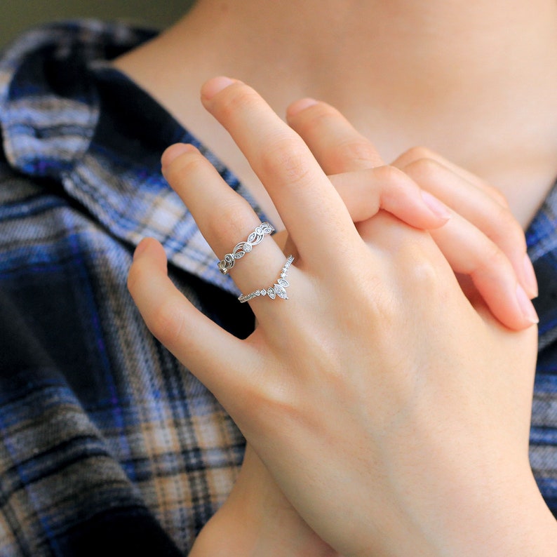 0.56 cttw \u2022 Art Deco Wedding Ring Set \u2022 Tiara Curve /& Vine Shaped Stacking Ring \u2022 Stackable Eternity Band \u2022 Dainty Wedding Ring 65222-2T
