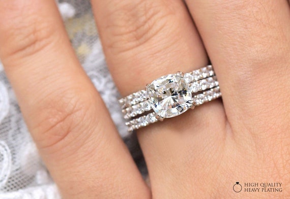 4 50 Cttw Bridal Set Ring Cushion Cut Diamond Simulant Etsy