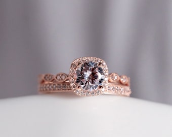 Vintage Art Deco Rose Gold Bridal Set - Brilliant Cut Diamond Halo Engagement Ring Set - Matching Diamond Ring Stack [BR5553-2M]